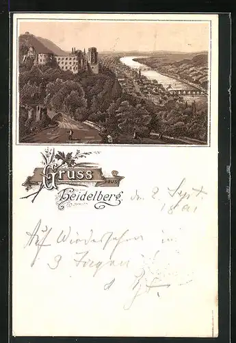 Lithographie Heidelberg, Panorama mit Schloss und Stadt