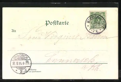 Vorläufer-Lithographie Biedenkopf, 1895, Amtsgericht, Schloss, Stadtkirche, Mädchen in Tracht