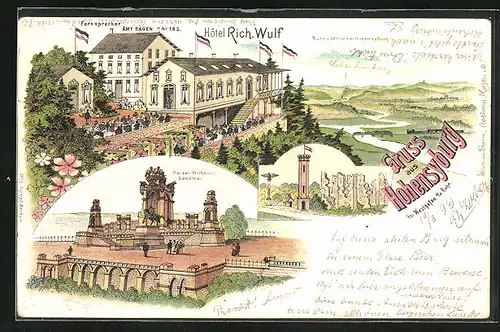 Lithographie Hohensyburg, Hotel Rich. Wulf, Kaiser-Wilhelm-Denkmal