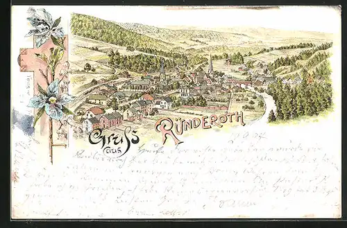 Lithographie Ründeroth, Panoramablick auf Dorf und Umgebung