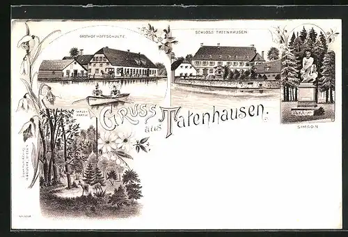 Lithographie Tatenhausen, Gasthof Hofschulte, Schloss, Simson-Denkmal