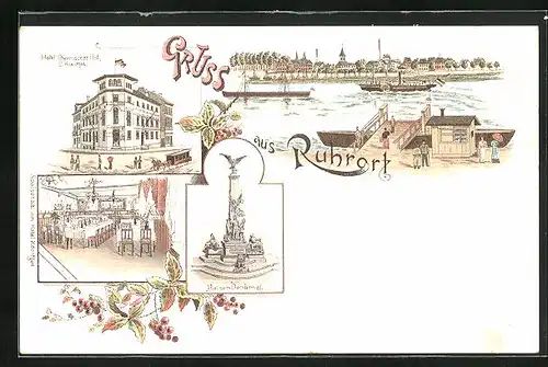 Lithographie Ruhrort, Hotel Rheinischer Hof, Kaiser-Denkmal