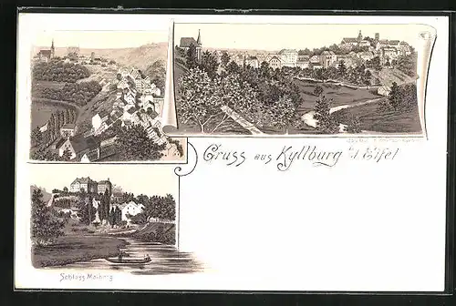 Lithographie Kyllburg /Eifel, Schloss Malberg, Ortsansicht aus der Vogelschau