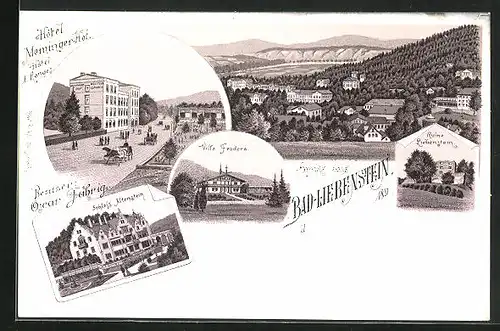 Lithographie Bad Liebenstein, Hotel Meininger-Hof, Villa Feodora