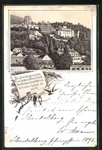 Vorläufer-Lithographie Heidelberg, 1892, Schloss von der Hirschgasse betrachtet