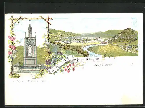 Lithographie Bad Nassau, Denkmal, Panoramablick auf die Ortschaft