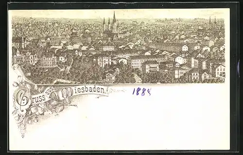 Lithographie Wiesbaden, Totalansicht mit Kirche