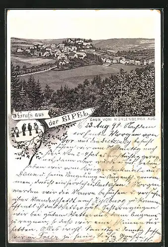 Vorläufer-Lithographie Daun, 1894, Ortsansicht vom Mühlenberge aus