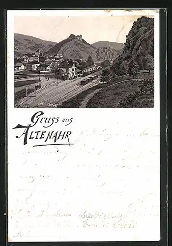 Vorläufer-Lithographie Altenahr, 1895, Ortspartie mit Bahnhof