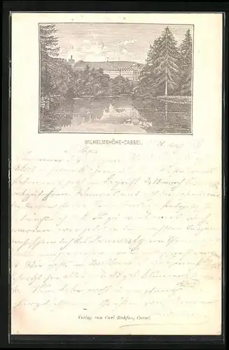 Vorläufer-Lithographie Cassel-Wilhelmshöhe, 1885, Schloss und Herkules