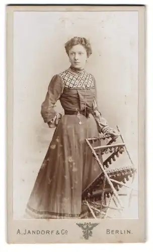 Fotografie A. Jandorf & Co., Berlin-C., Spittelmarkt 16-17, Portrait junge Dame im modischen Kleid