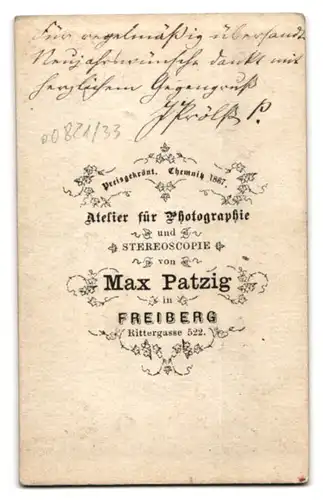 Fotografie Max Patzig, Freiberg, Rittergasse 522, Portrait charmanter Herr im Anzug mit Fliege