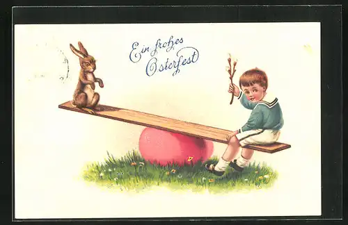 Künstler-AK Osterhase und Knabe auf einer Wippe