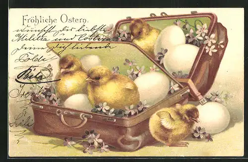 Präge-AK Osterküken und Eier im Koffer