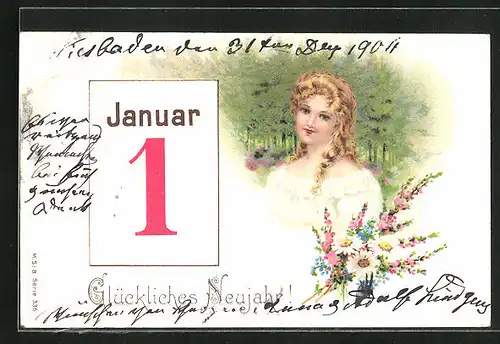 Präge-AK Glückliches Neujahr!, Kalenderblatt 1. Januar, Blondgelocktes Fräulein