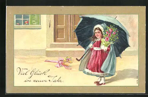 Präge-AK Mädchen mit Schirm bringt Neujahrsgrüsse