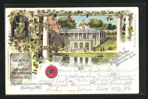 Lithographie Hamburg, Allgemeine Gartenbau-Ausstellung 1897, Restaurant Bella Vista mit Künstlerklause