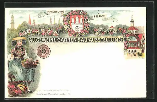 Lithographie Hamburg, Allgemeine Gartenbau-Ausstellung 1897, Hamburger Blumenmädchen und Wappen