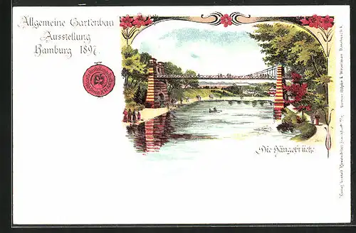 Lithographie Hamburg, Allgemeine Gartenbau-Ausstellung 1897, Hängebrücke