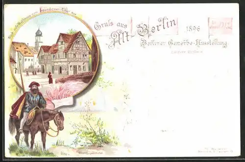 Lithographie Berlin, Gewerbe-Ausstellung 1896, Rathaus vom Spandauer Thor betrachtet