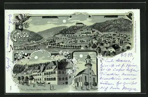 Lithographie Neuenbürg, Post Gasthaus zum Bären, Totalansicht, Kirche