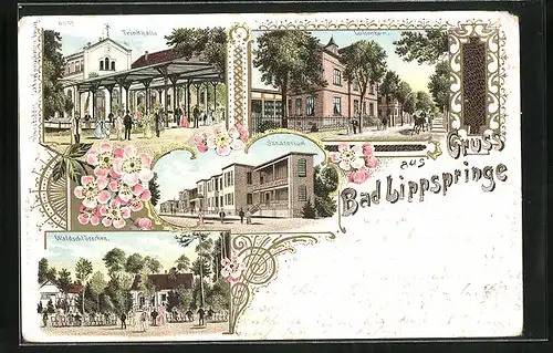 Lithographie Bad Lippspringe, Gasthaus Waldschlösschen, Luisenheim, Trinkhalle, Sanatorium