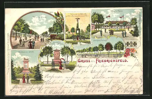 Lithographie Friedrichsfeld, Wilhelm-Strasse, Denkmal von 1870/71, Franzosen Friedhof, Denkmal der Schill`schen Offiziere