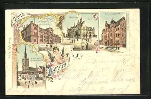 Lithographie Bochum, Alter Markt und Probstei-Kirche, Ständehaus, Kgl. Landgericht