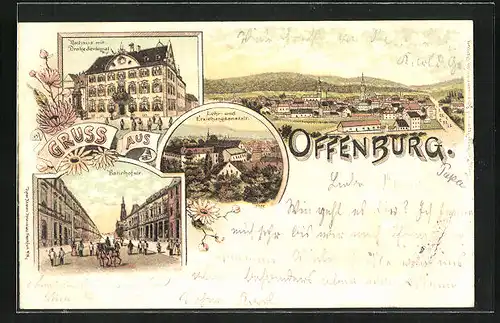 Lithographie Offenburg, Rathaus mit Drakedenkmal, Bahnhofstrasse, Lehr- und Erziehungsanstalt