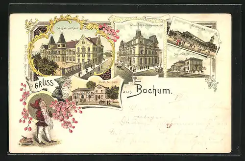 Lithographie Bochum, Evang. Vereinshaus, Kaiserl. Post- und Telegraphenamt, Berg. Märk. Bahnhof, Zwerge