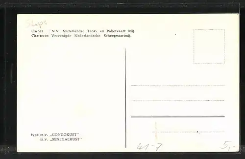 AK Handelsschiff Kongokust oder Senegalkust, NV Nederlandse Tank- en Paketvaart Mij