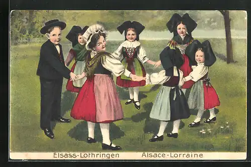 Präge-AK Elsass-Lothringen, Kinder in Tracht tanzen im Reigen
