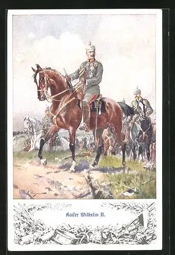 Künstler-AK Kaiser Wilhelm II. zu Pferd im Feld