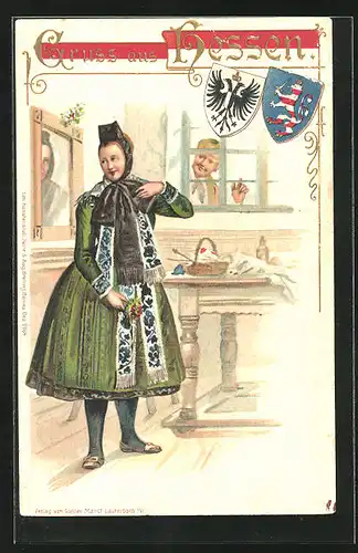 Lithographie Fräulein in hessischer Tracht, Verehrer klopft ans Fenster