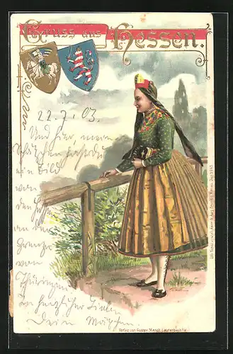 Lithographie Frau in hessischer Tracht mit Bibel, Wappen