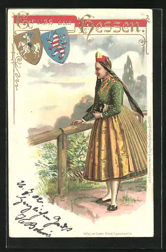 Lithographie Frau mit Bibel in hessischer Tracht, Wappen