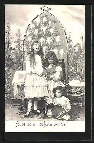AK Weihnachtsgruss, Mädchen mit Puppe und Puppenwagen