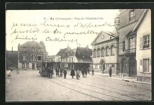 AK Ay /Champagne, Place de L` Hotel-de-Ville, Strassenbahn