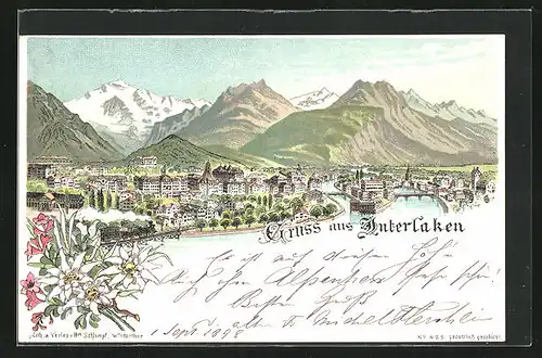 Lithographie Interlaken, Partie an der Flussgabelung