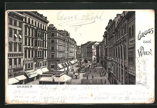 Lithographie Wien, Graben, Blick entlang einer beschäftigten Strasse