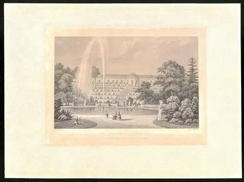 Stahlstich Potsdam, Das Königl. Schloss zu Sans-Souci, aus Brandenburgisches Album von B. S. Berendsohn, 1860, 26 x 35cm