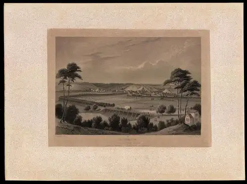 Stahlstich Freienwalde, Ortsansicht vom Fahr-Kruge gesehen, aus Brandenburgisches Album von B. S. Berendsohn, 1860