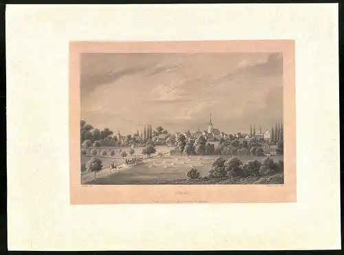 Stahlstich Lübben, Totalansicht mit Kirche, aus Brandenburgisches Album von B. S. Berendsohn, 1860, 26 x 35cm