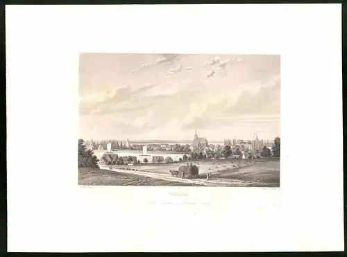 Stahlstich Beeskow, Panorama mit Kirche und Segelbooten, aus Brandenburgisches Album von B. S. Berendsohn, 1860