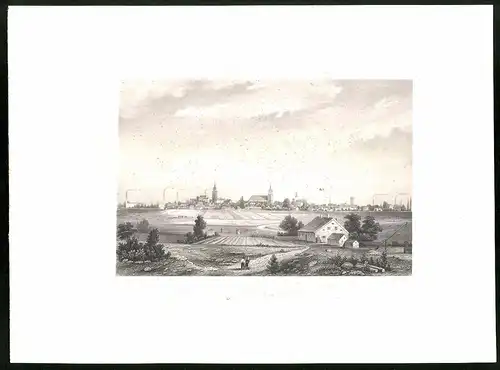 Stahlstich Cottbus, Panorama mit Kirchen, aus Brandenburgisches Album von B. S. Berendsohn, 1860, 26 x 35cm