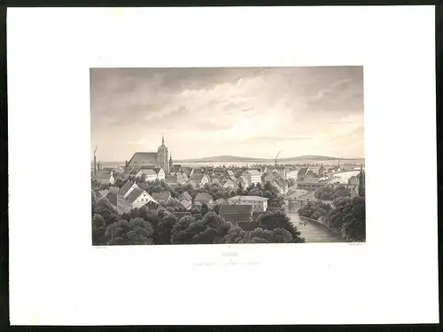 Stahlstich Guben, Totalansicht mit Kirche, aus Brandenburgisches Album von B. S. Berendsohn, 1860, 26 x 35cm