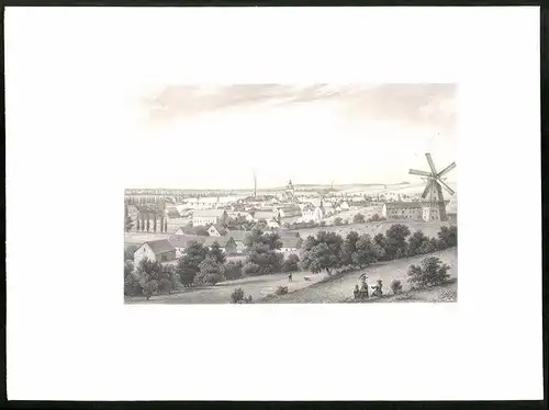 Stahlstich Landsberg a. W., Gesamtansicht mit Windmühle, aus Brandenburgisches Album von B. S. Berendsohn, 1860