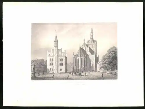 Stahlstich Perleberg, Markt mit Kirche, aus Brandenburgisches Album von B. S. Berendsohn, 1860, 26 x 35cm
