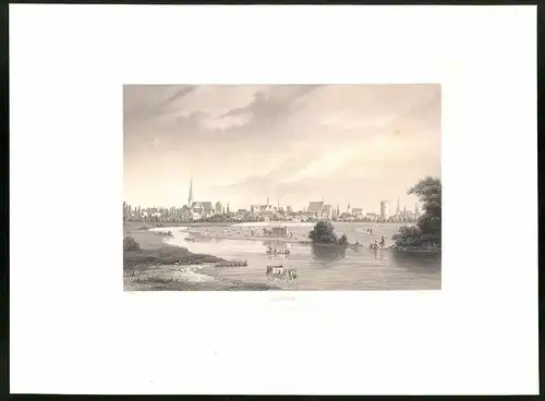 Stahlstich Salzwedel, Flusspartie mit Kirche, aus Brandenburgisches Album von B. S. Berendsohn, 1860, 26 x 35cm