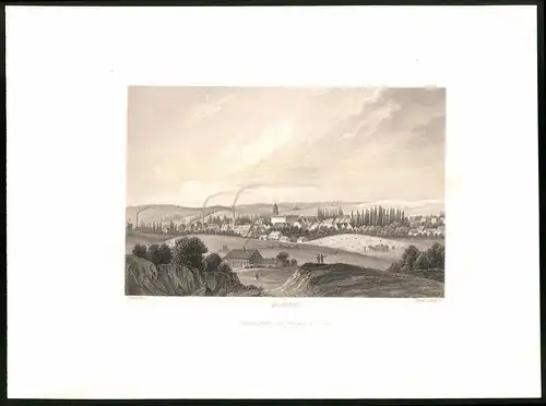 Stahlstich Zilenzig, Ortsansicht mit Kirche, aus Brandenburgisches Album von B. S. Berendsohn, 1860, 26 x 35cm